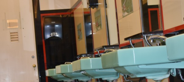 4th floor women's bathroom showing the green sinks