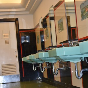 4th floor women's bathroom showing the green sinks
